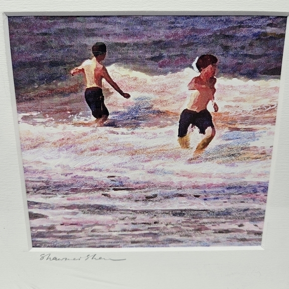 Artwork Print Boys In Surf Colorful Beach Scene Artist Signed In Mat - Picture 2 of 6